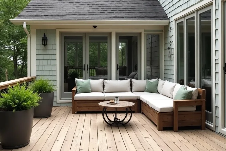 A calm deck palette with planters, neutral cushions, and simple outdoor styling