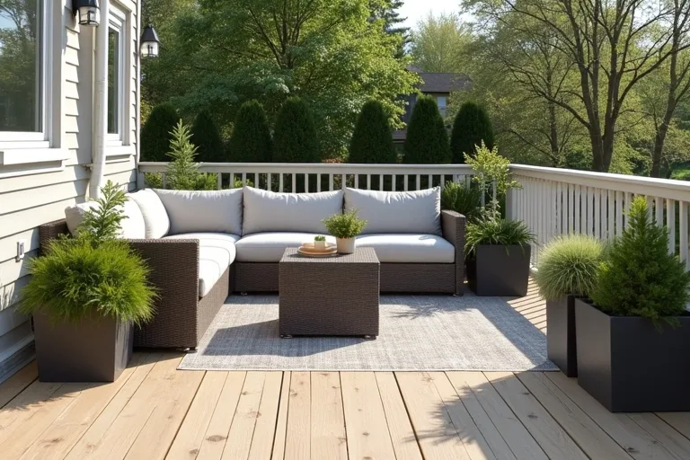 Large outdoor planters and a storage box helping define a tidy deck layout