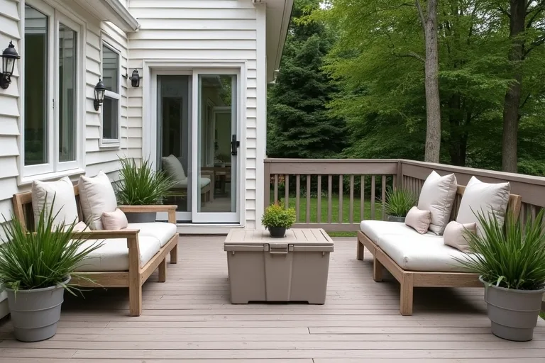 A modest deck styled with large planters and a waterproof storage box for a more finished outdoor look
