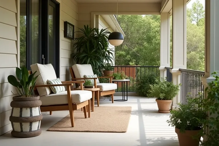 A modest front porch with simple seating, potted plants, and soft daylight, showing a practical outdoor living space.