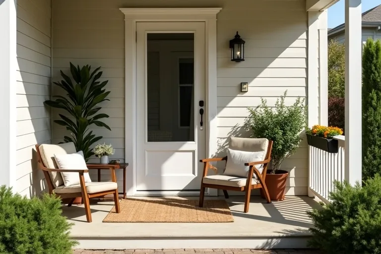 A front porch seating area with a defined path and simple greenery that adds a softer boundary.
