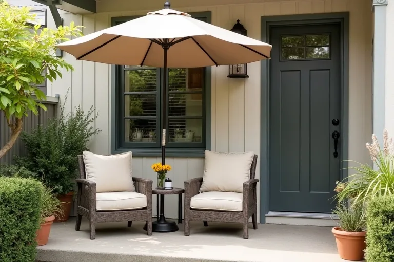 A modest front porch with simple seating, a patio umbrella, and neutral outdoor pillow covers in a practical lived-in setting.