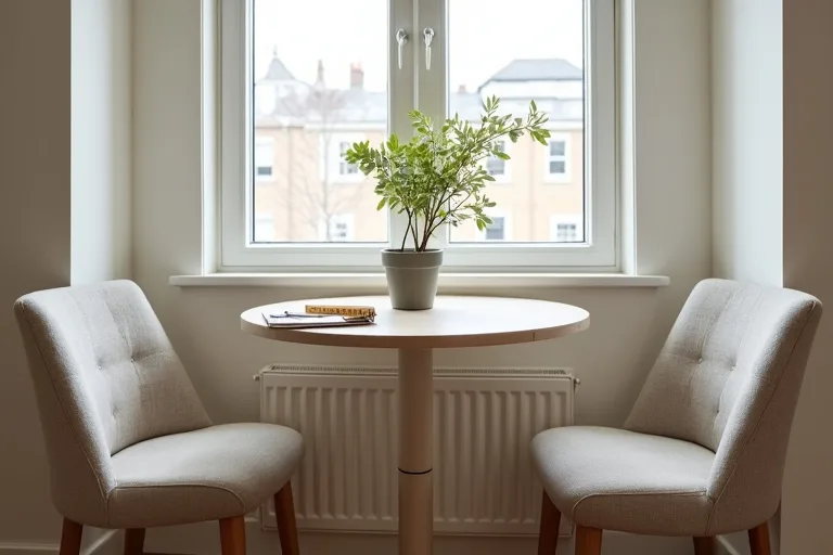 A small breakfast nook styled with simple neutral decor after the furniture layout has been planned