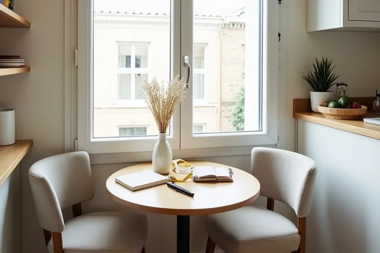 A bright small breakfast nook with a compact table, upholstered chairs, and a measuring tape for planning furniture size