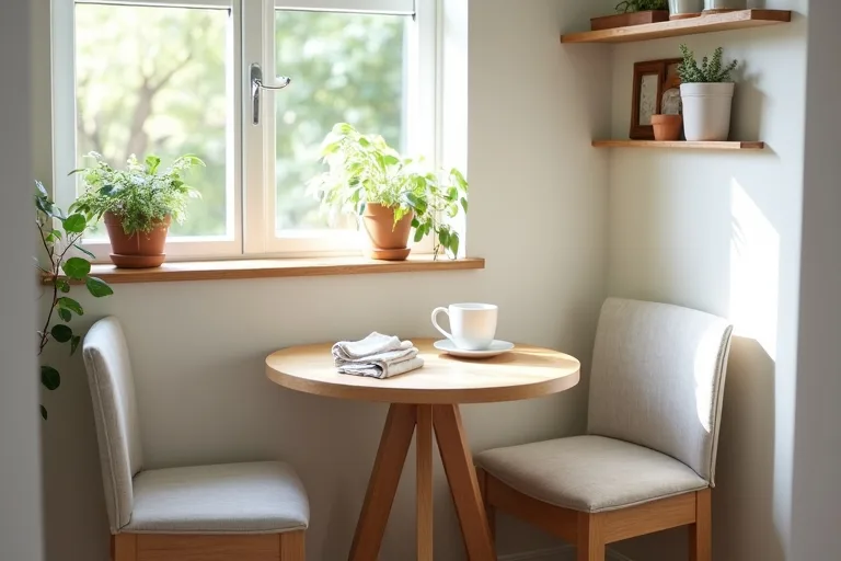 A small bright breakfast nook with a compact table and upholstered chairs in a calm, practical kitchen setting