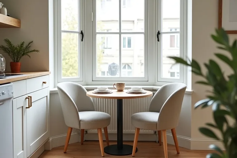 A compact breakfast nook showing the layout and seating spacing around a small table