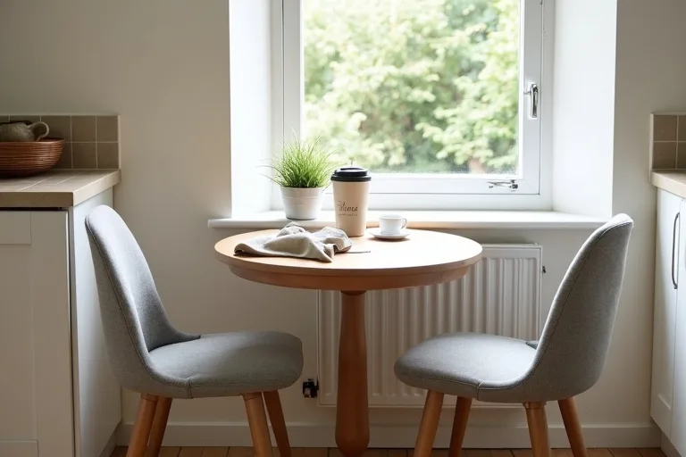 A small breakfast nook with a right-sized table and clear walking space around it