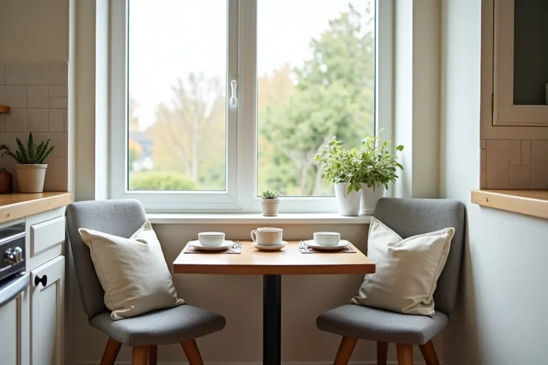 A calm breakfast nook with upholstered dining chairs and simple styling that suits a budget refresh