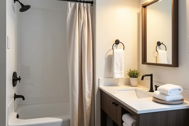 A small guest bathroom showing a simple, balanced layout with calm surfaces and soft texture