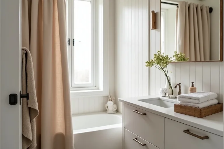 A guest bathroom countertop styled with a simple organizer tray and only a few essentials.