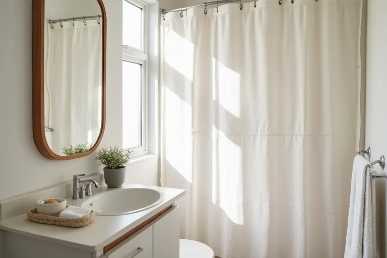 A calm guest bathroom with neutral shower curtain, simple countertop tray, and soft towels in a bright modern home