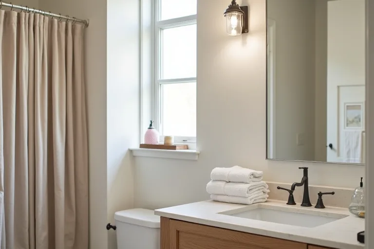 A calm guest bathroom with neutral textiles, a tidy countertop tray, and a balanced finished look