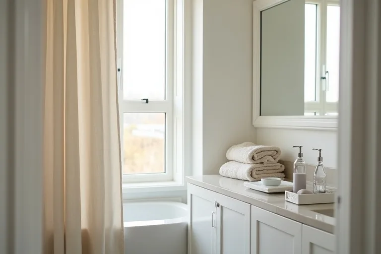 A tidy guest bathroom with mirror light, neutral styling, and a simple practical refresh