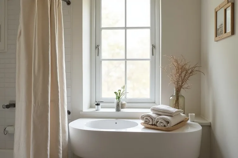 A calm, practical guest bathroom with a neutral fabric shower curtain and a simple countertop organizer tray.
