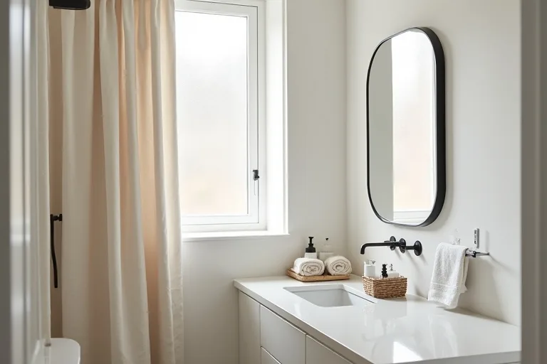 A bright guest bathroom with warm neutral finishes and soft texture from towels and fabric