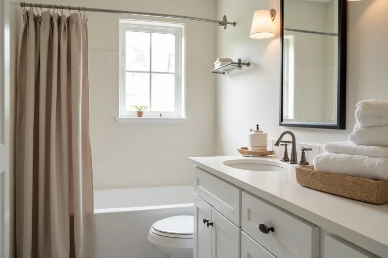 Neutral bathroom textiles and a simple shower curtain that make the room feel more settled