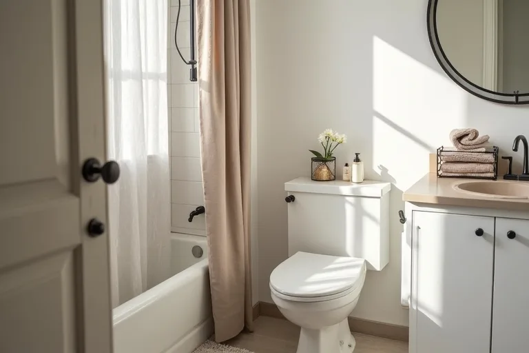 A guest bathroom with soft towels, a neutral shower curtain, and simple finishing touches.