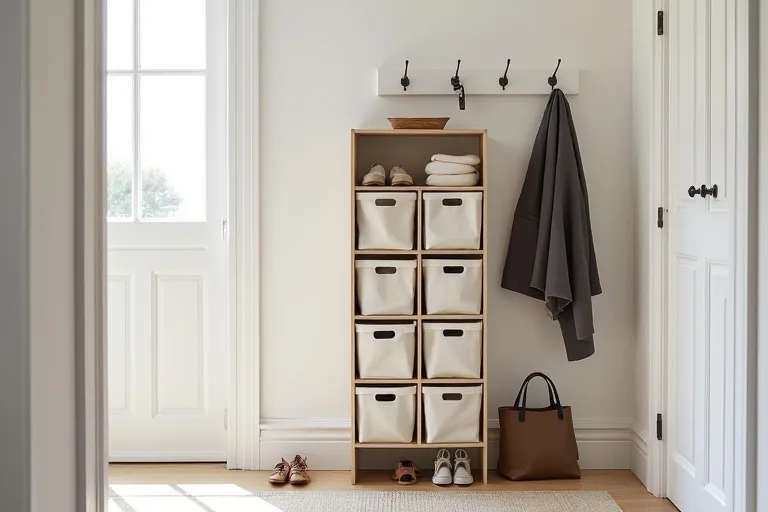 A small entryway with a cube storage organizer, fabric bins, wall hooks, and neatly arranged everyday items
