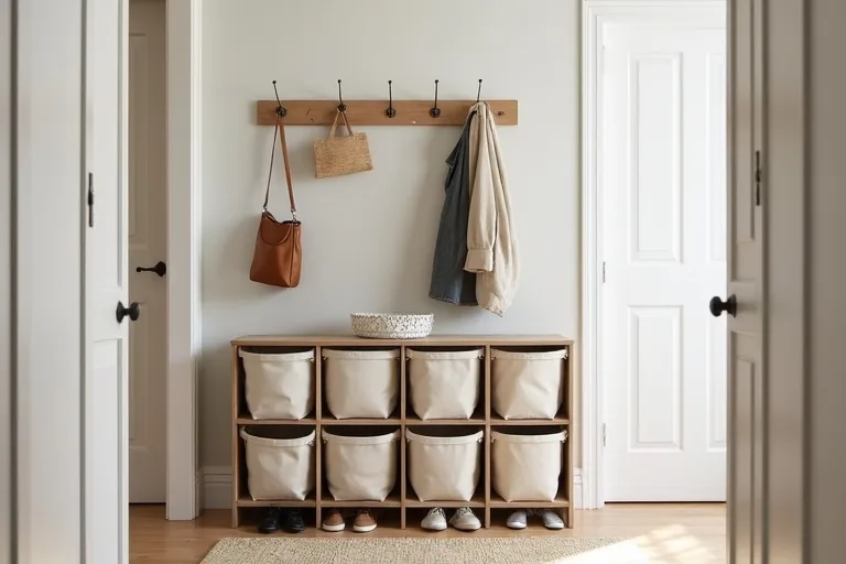 A compact entryway showing hooks, a storage unit, and a simple landing spot for everyday items