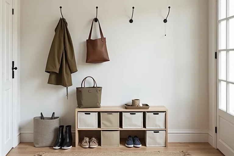 A home entryway with a cube organizer and fabric bins used to separate everyday storage