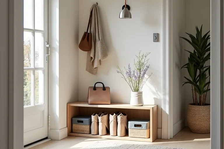 A small entryway with a compact storage setup including bins, shelves, and a cabinet.