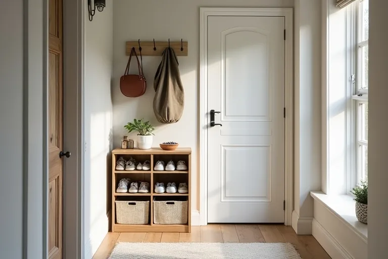 A narrow entryway showing door clearance and compact wall-mounted storage.