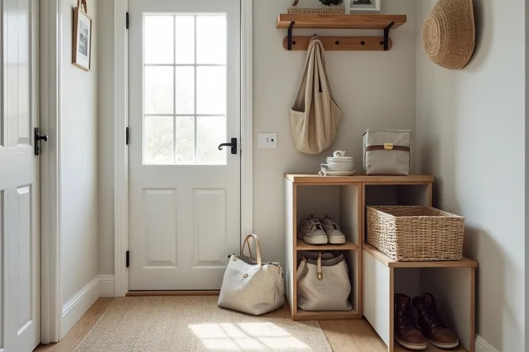 A tidy small entryway with a cabinet, shelf, and baskets arranged to preserve walking space.