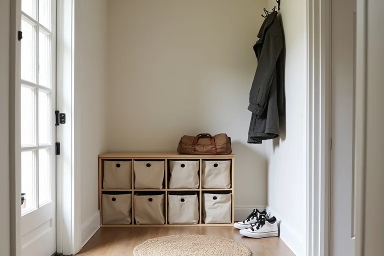 A narrow entryway wall with minimal storage and clear walking space.