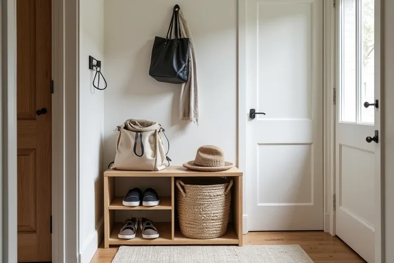 An entryway storage setup with cube compartments, shelves, and soft bins arranged for daily use.