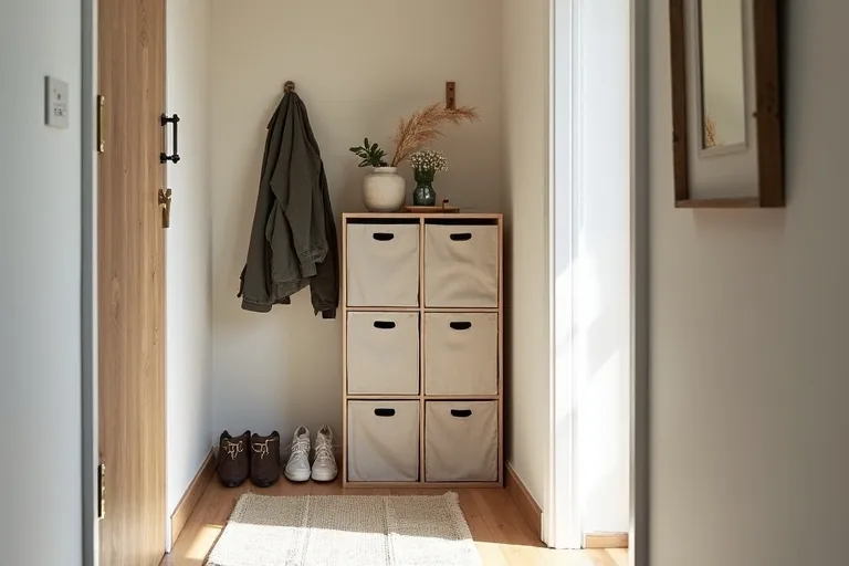 A small entryway with cube storage, fabric bins, and minimal everyday items arranged to reduce clutter.