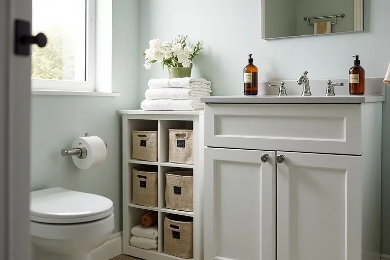 Small lived-in bathroom with calm storage, folded towels, and a neat space-saving organizer