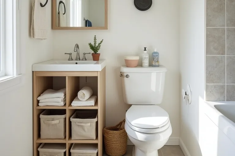 Small bathroom with compact storage that keeps the room feeling open and uncluttered