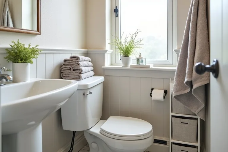 Compact cube storage organizer in a small bathroom nook with fabric bins and folded towels