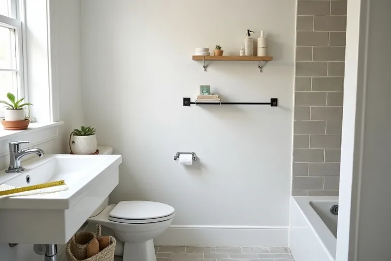 Bathroom storage items arranged for planning, showing the difference between daily use and backup items.
