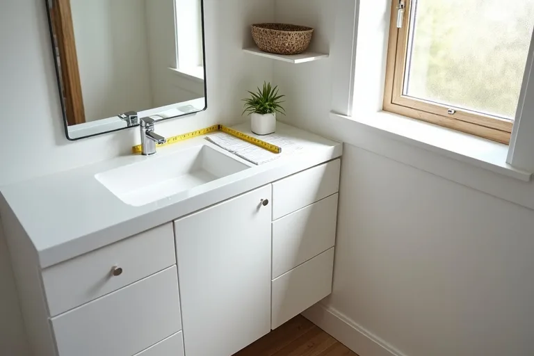 A small bathroom counter with a room planner sheet and storage items, showing layout testing before buying.