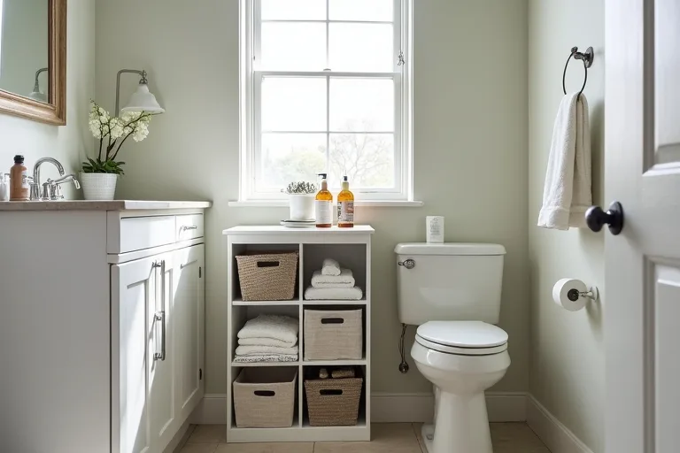 Small bathroom with simple wall hooks, bins, and tidy budget storage ideas