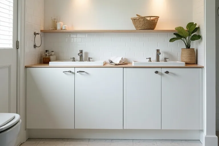 A compact bathroom vanity area with open floor space and a measuring tape used for storage planning.