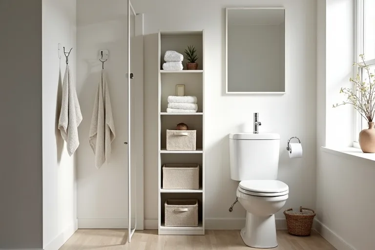 Small bathroom wall space used thoughtfully for storage without blocking movement