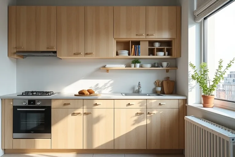 Simple kitchen shelving and storage that keeps everyday items organized without crowding the room.