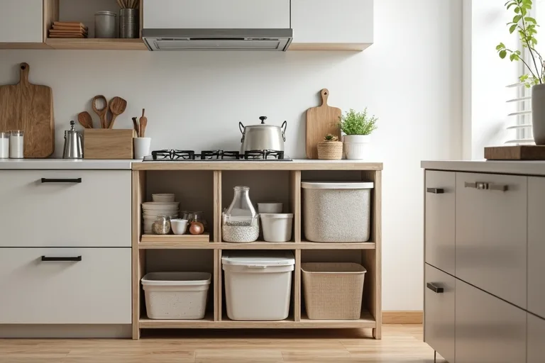 Small kitchen layout showing where a larger storage piece could fit without blocking circulation