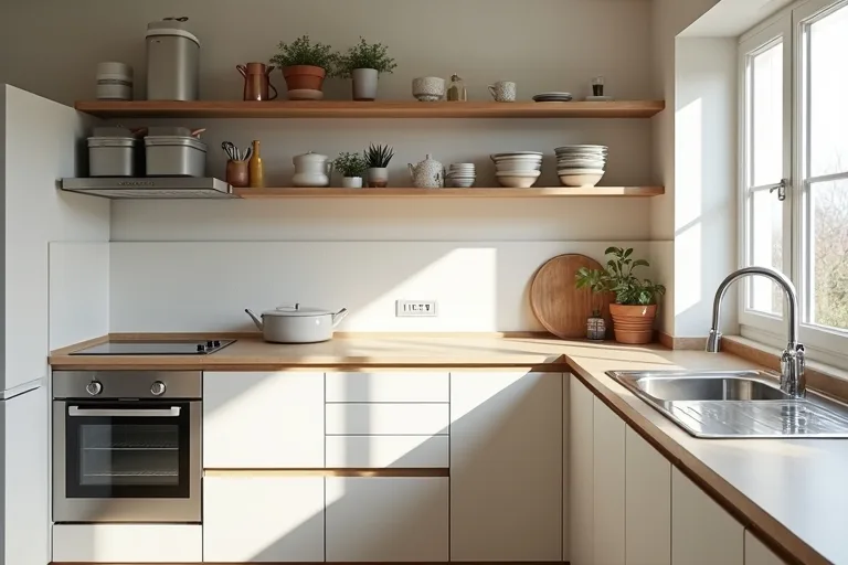 Slim shelves, bins, and neatly stored kitchen items used to free up counter space in a small room.