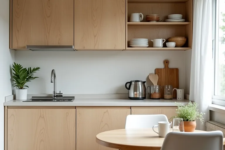 Compact kitchen storage that keeps the counter clear and the room visually open.