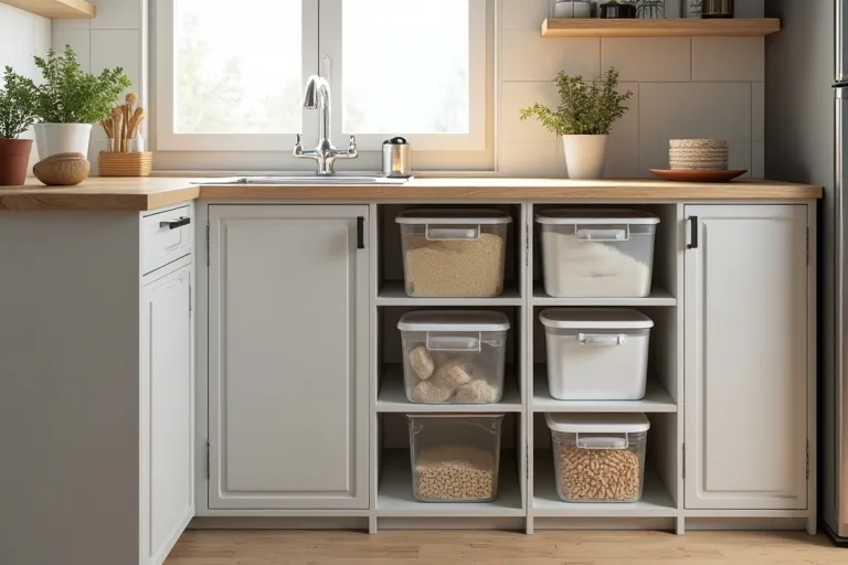 Budget-friendly small kitchen storage setup with shelf bins and a compact organizer