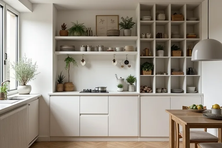 A practical kitchen storage setup with bins and shelving selected to fit the available space and keep the room open.