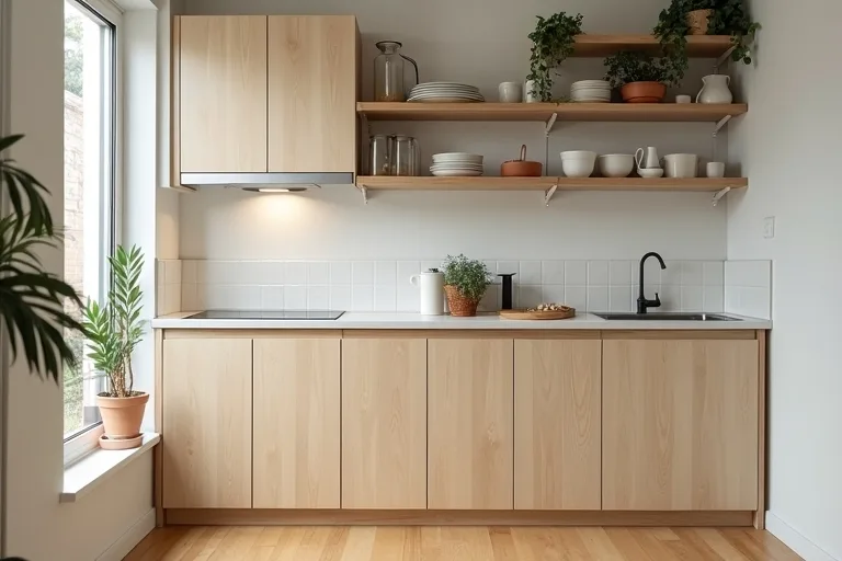 A small kitchen with practical storage and a clear countertop that feels open and uncluttered.
