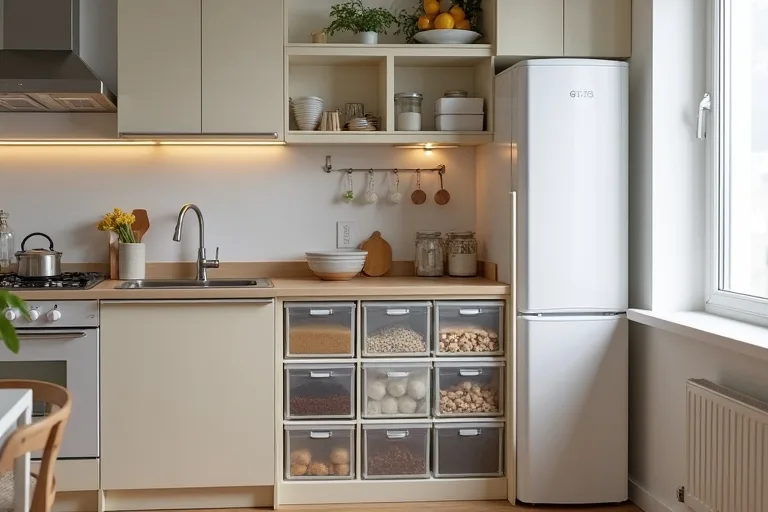 Fabric bins and a compact organizer used to keep small kitchen storage neat and adaptable