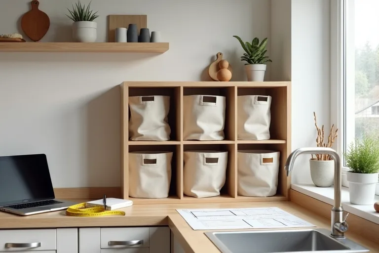 Small kitchen with a cube storage organizer, fabric bins, and a layout planner on the counter