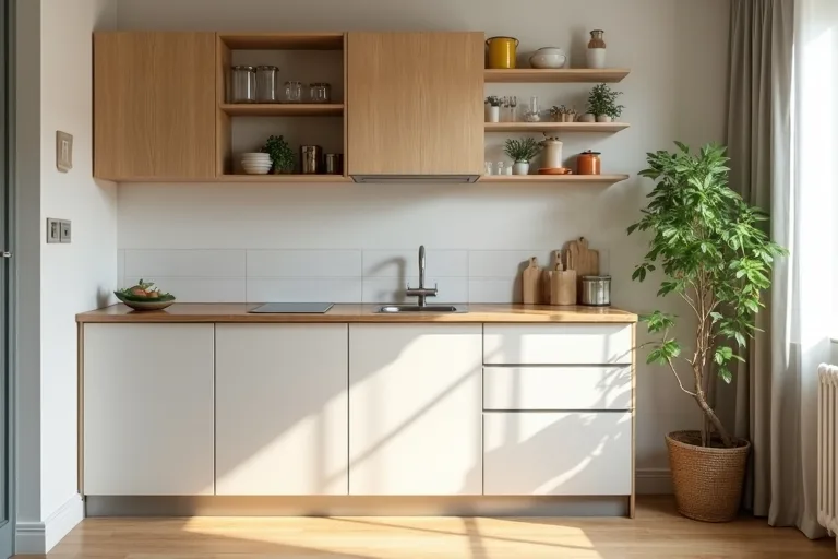A calm small kitchen with edited storage and enough open surface to prepare food comfortably.