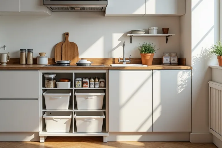 Small kitchen with a practical storage organizer and bins used to improve storage on a budget