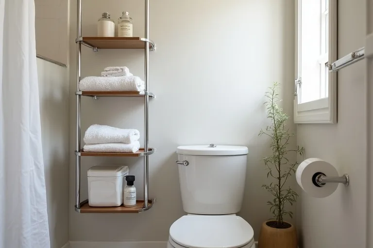 Bathroom shelf placement above fixtures showing the importance of wall clearance and easy access
